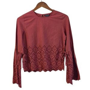 Style Envy size M Terra Cotta Eyelet Lace Cropped Bell Sleeve Top Boho Lagenlook